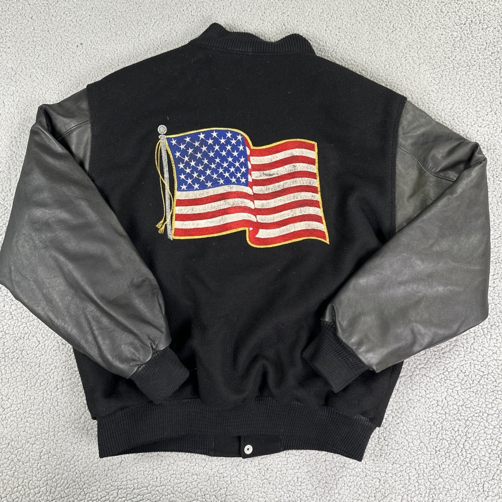 VTG Interstate Leather Motorcycle Jacket Men XL Black Wool Flag Patch USA Made‎